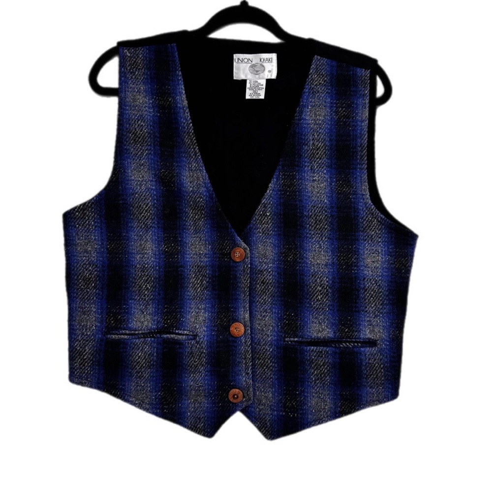 Vintage Union Khaki Plaid Wool Vest size L blue and black